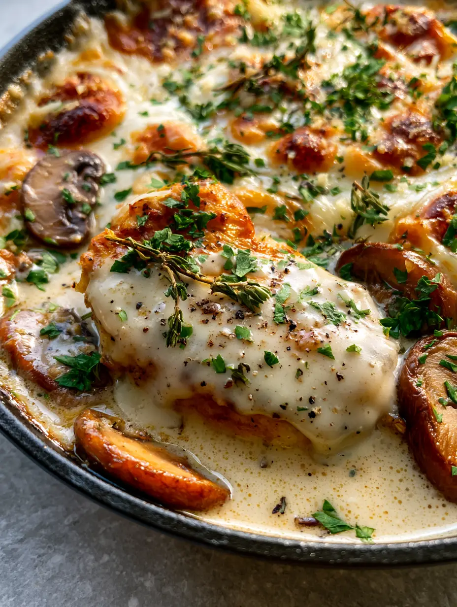 Keto Garlic Mushroom Chicken Casserole: The Ultimate Low-Carb Comfort Food 4 Ultra-close-up of golden-seared chicken breast dripping with ivory garlic cream sauce and browned mushrooms. (Keto Garlic Mushroom Chicken Casserole)
