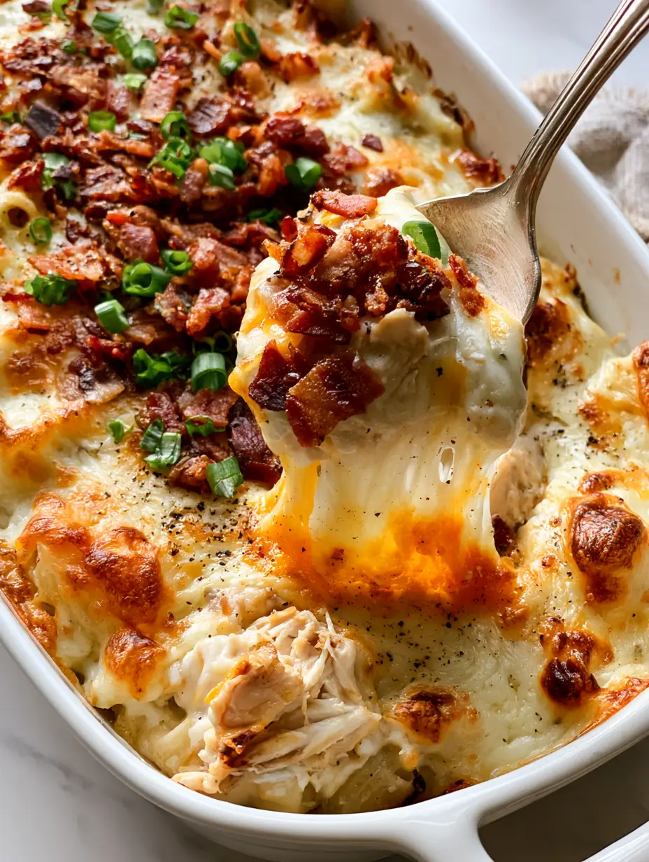 Texas Ranch Chicken Casserole: The Ultimate Cheesy Comfort Food 3 Close up of a serving spoon lifting a portion of Texas ranch chicken casserole with a long stretchy cheese pull and steam.