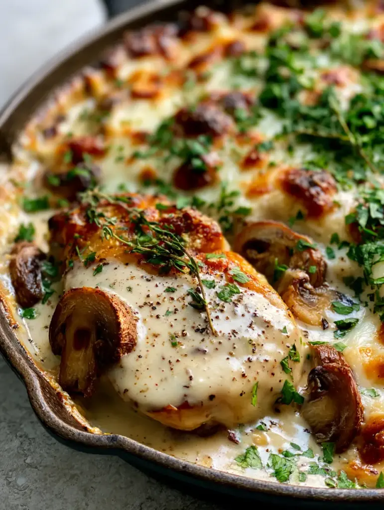 Keto Garlic Mushroom Chicken Casserole: The Ultimate Low-Carb Comfort Food 1 Cast iron skillet showing bubbling melted mozzarella and toasted parmesan crust with fresh parsley garnish.