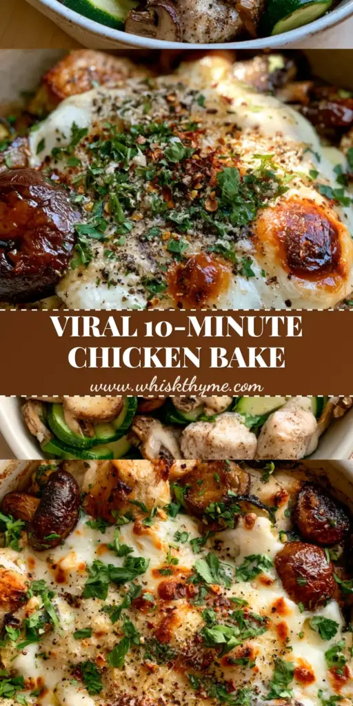 Chicken Zucchini Mushroom Bake: The Easy Cheesy Low-Carb Dinner 4 A bubbling Chicken Zucchini Mushroom Bake with melted mozzarella, toasted parmesan, and fresh parsley in a white ceramic dish.