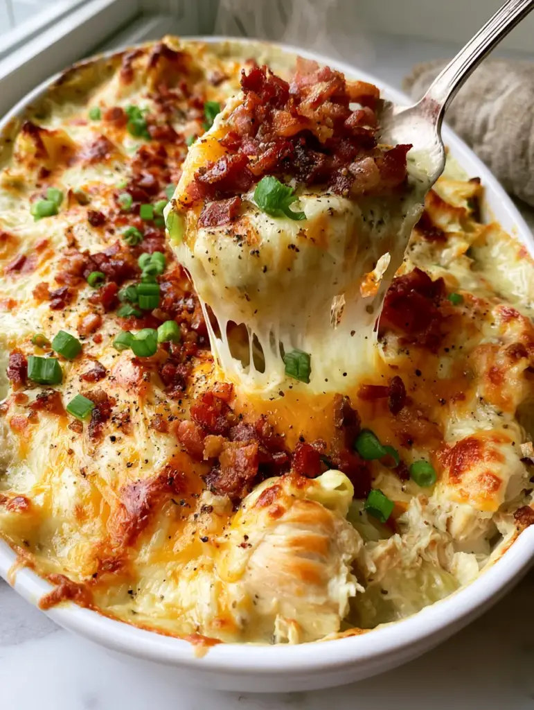 Texas Ranch Chicken Casserole: The Ultimate Cheesy Comfort Food 1 Overhead shot of Texas ranch chicken casserole topped with fresh parsley, cracked pepper, and crispy bacon bits on a marble countertop.