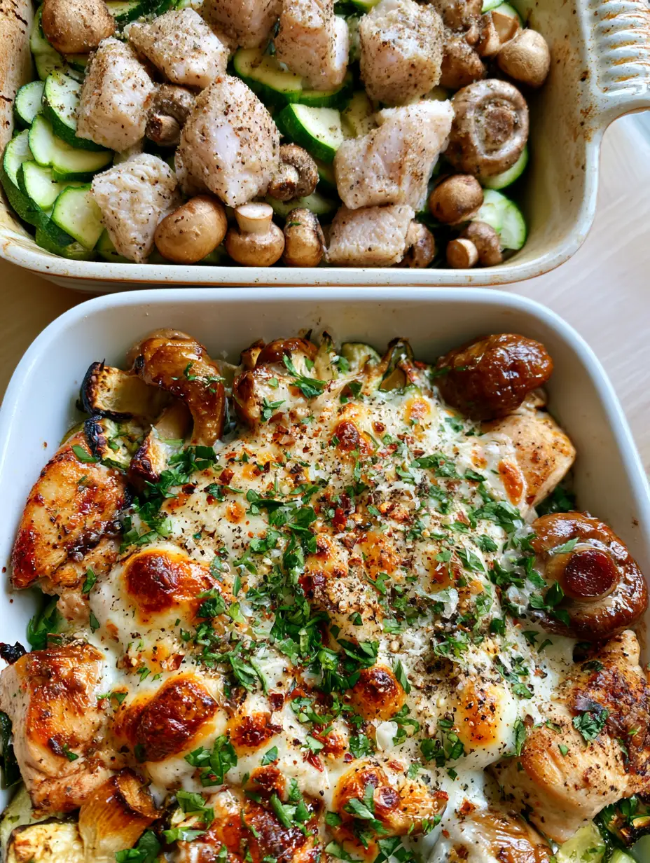 Chicken Zucchini Mushroom Bake: The Easy Cheesy Low-Carb Dinner 3 Split screen showing raw chicken, zucchini, and mushrooms on top and the cooked Chicken Zucchini Mushroom Bake hero shot on the bottom.