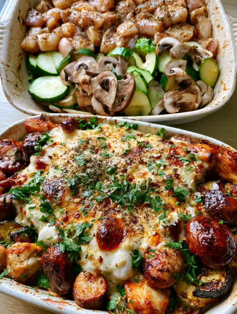 Chicken Zucchini Mushroom Bake: The Easy Cheesy Low-Carb Dinner 1 Close up of caramelized mushrooms and tender-crisp zucchini in a Chicken Zucchini Mushroom Bake.