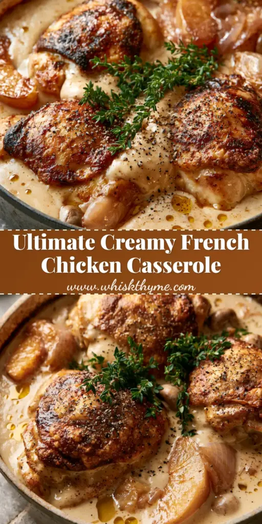 A rustic cast iron pot filled with French Chicken Casserole a la Normande, featuring crispy golden chicken thighs, caramelized apples, and creamy ivory sauce.