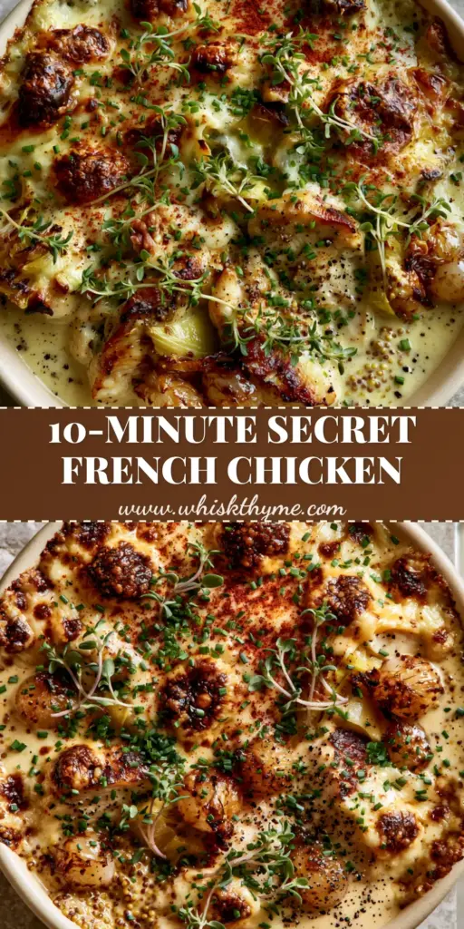 A bubbling Creamy French Chicken Casserole in a ceramic dish with golden Gruyere cheese, fresh thyme, and smoked paprika dusting.