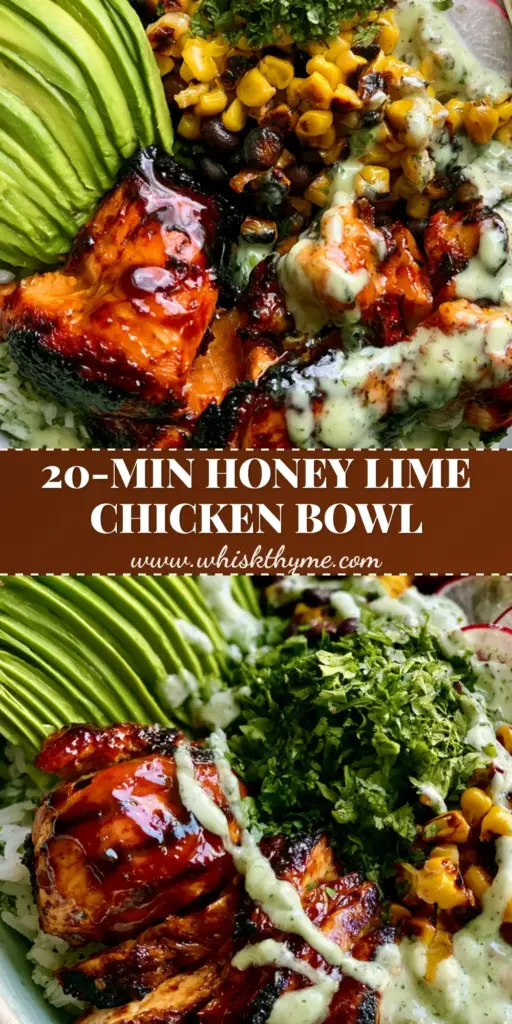 Honey Lime Chicken Avocado Bowl with Cilantro Lime Rice 3 An overhead high-angle shot of a Honey lime chicken avocado bowl featuring glazed chicken, fanned avocado, and charred corn in a ceramic bowl.
