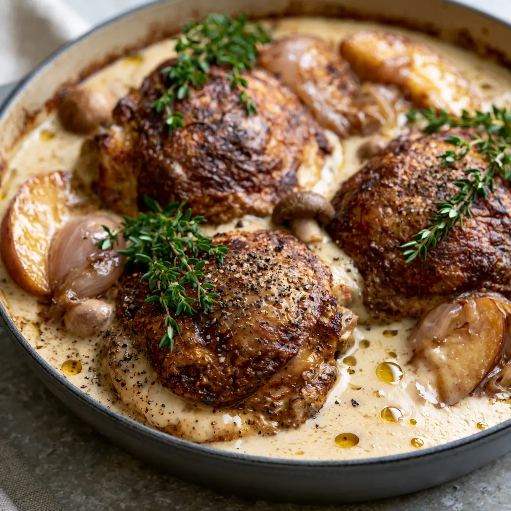 Overhead view of a cast iron pot with French Chicken Casserole a la Normande, caramelized apples, and whole mushrooms.