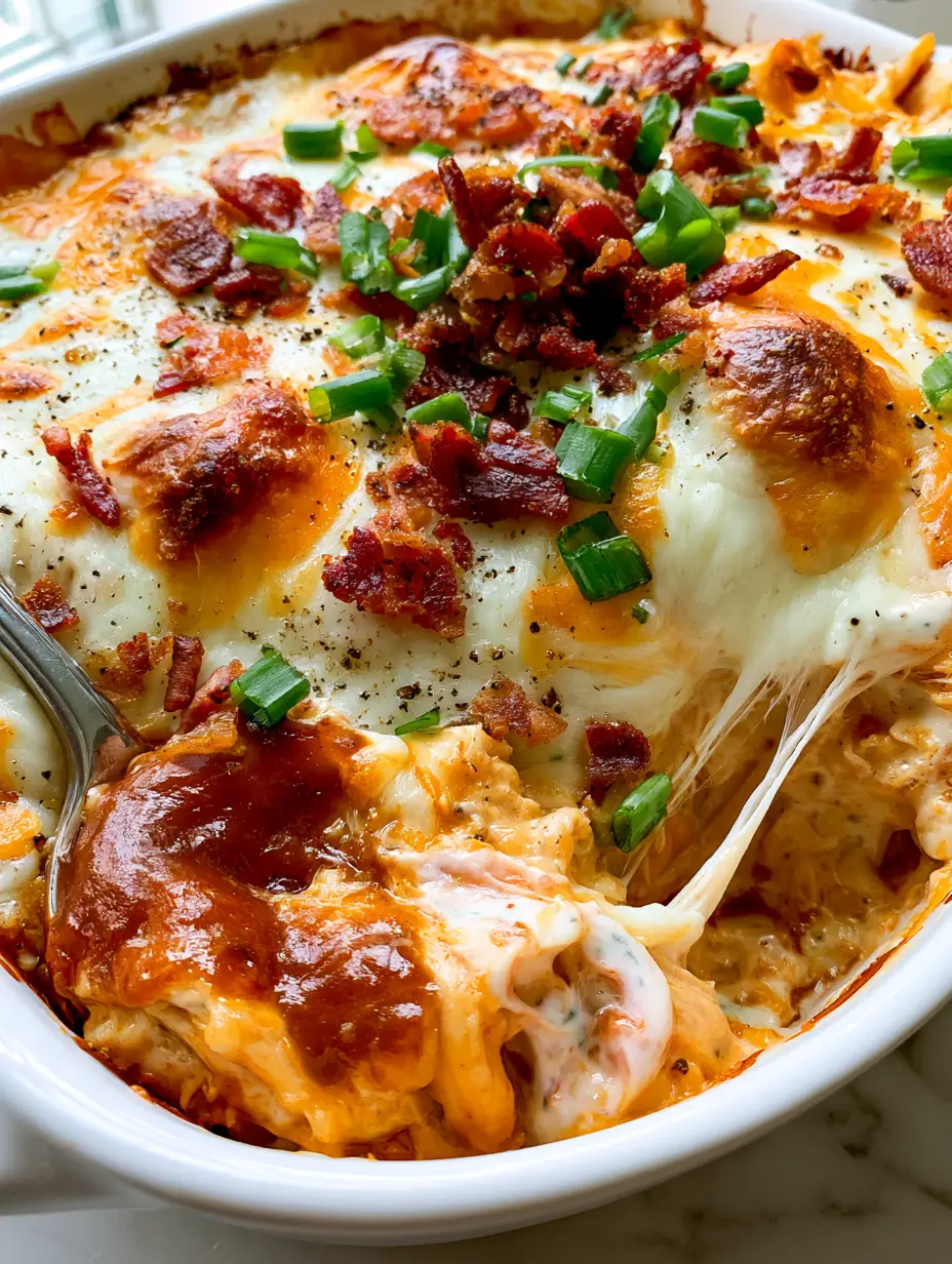 Creamy BBQ Ranch Chicken Casserole: The Ultimate 30-Minute Dinner 3 Extreme macro close-up of Creamy BBQ Ranch Chicken Casserole with melted mozzarella, toasted cheddar, and mahogany BBQ sauce.