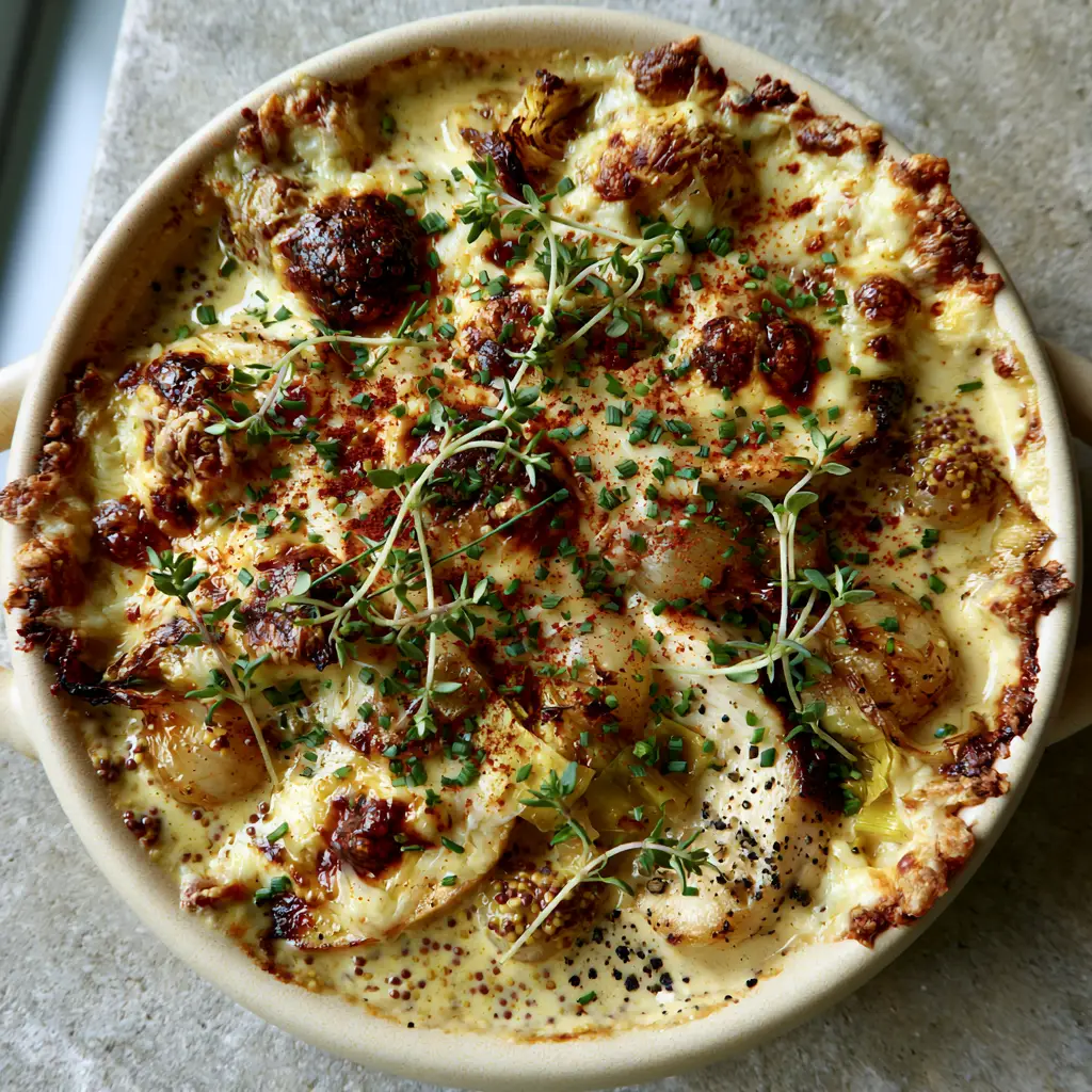 Close up of the golden-brown bubbly Gruyere cheese crust on a Creamy French Chicken Casserole.
