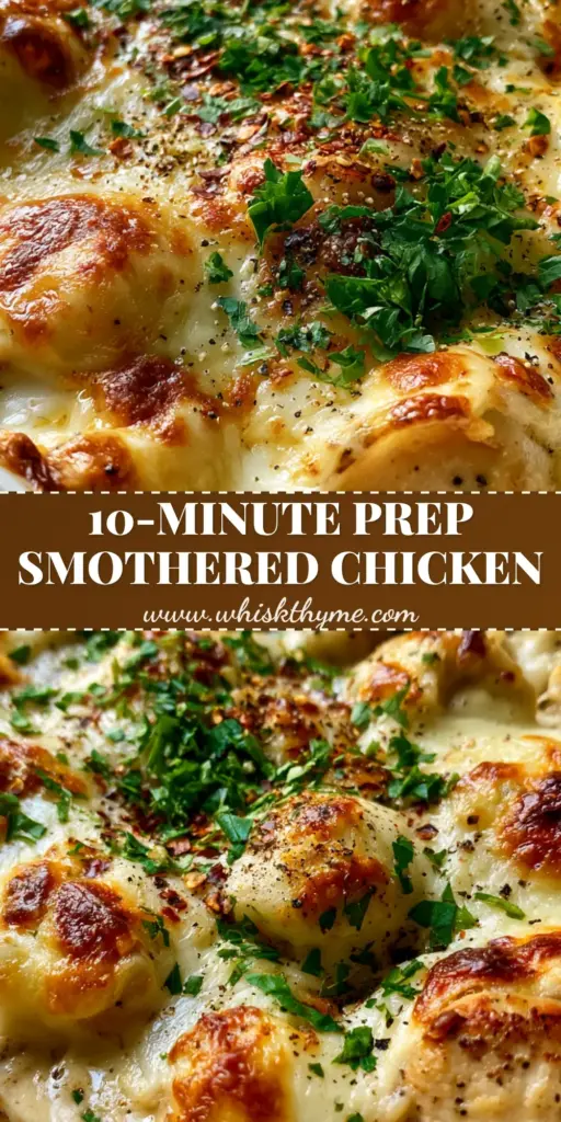 Creamy Smothered Chicken Casserole with Toasted White Cheddar 4 A bubbling Creamy Smothered Chicken Casserole in a white dish with golden-brown toasted cheese spots and fresh parsley garnish.