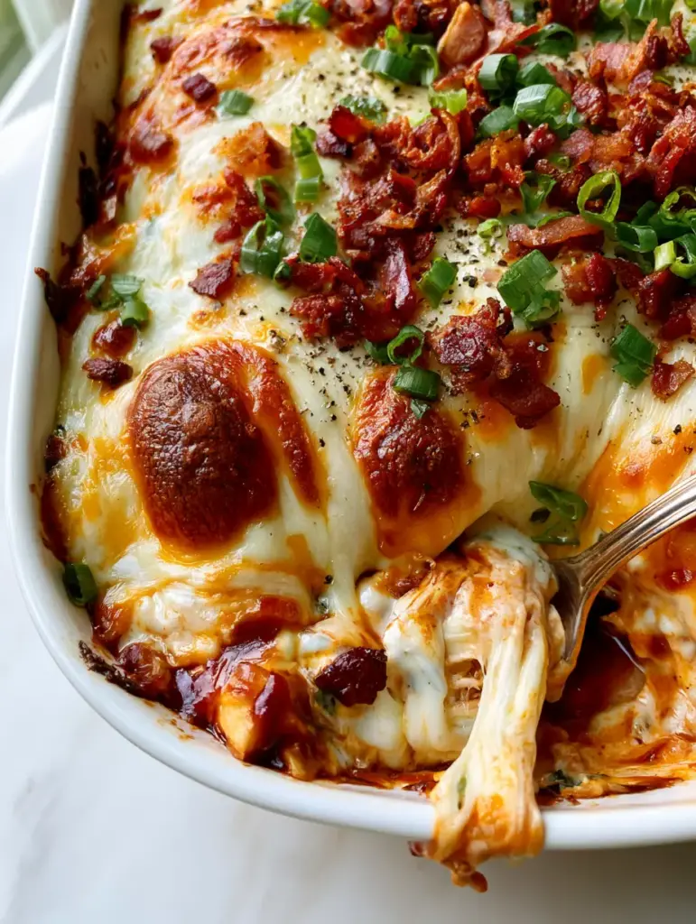 Creamy BBQ Ranch Chicken Casserole: The Ultimate 30-Minute Dinner 1 Creamy BBQ Ranch Chicken Casserole garnished with fresh green scallions, crispy bacon bits, and cracked black pepper.