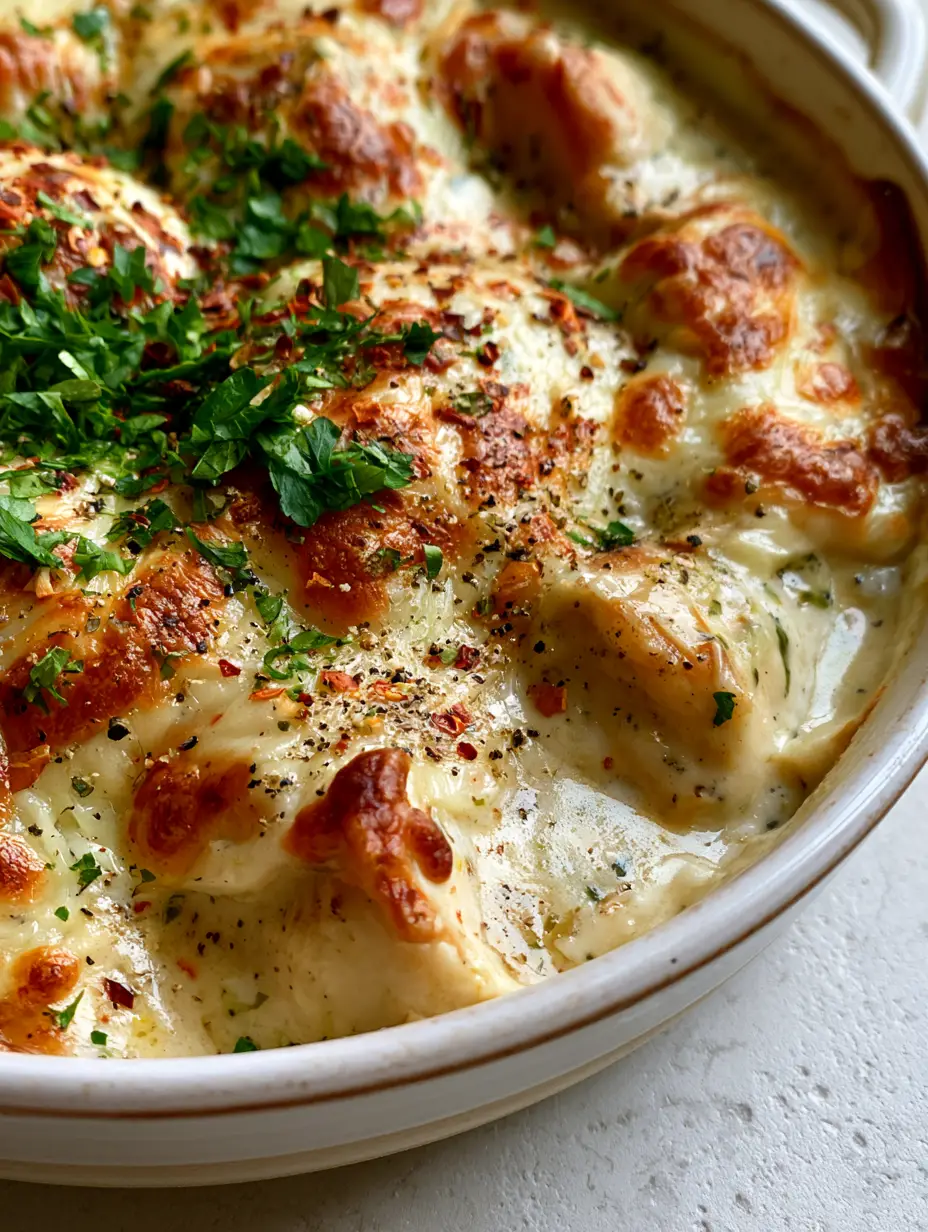 Creamy Smothered Chicken Casserole with Toasted White Cheddar 3 Extreme close-up of melted mozzarella and white cheddar on a Creamy Smothered Chicken Casserole.