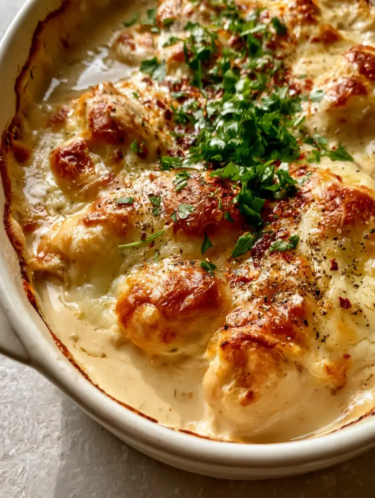 Creamy Smothered Chicken Casserole with Toasted White Cheddar 1 Juicy chunks of seared chicken submerged in a thick garlic cream sauce within a Creamy Smothered Chicken Casserole.