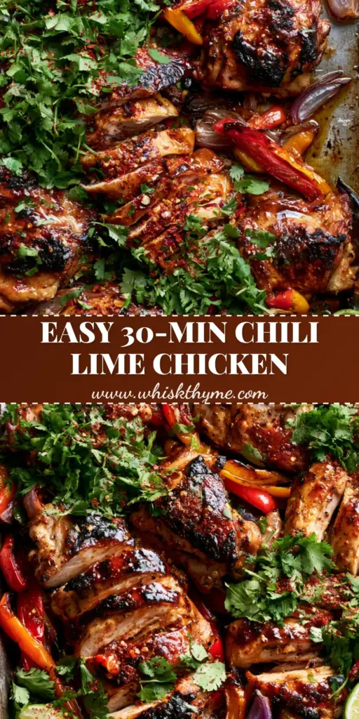 A top-down shot of chili lime chicken thighs on a dark metal sheet pan with blistered peppers and fresh lime halves. (chili lime chicken)