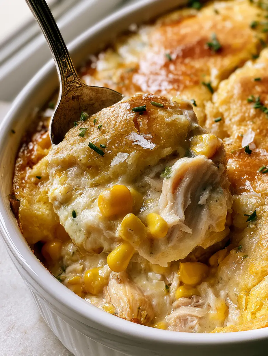 Creamy Chicken and Cornbread Casserole with Honey Butter Glaze 4 Extreme close-up of a golden-brown cornbread crust with soft cracks and steam vapors. (Creamy Chicken and Cornbread Casserole)