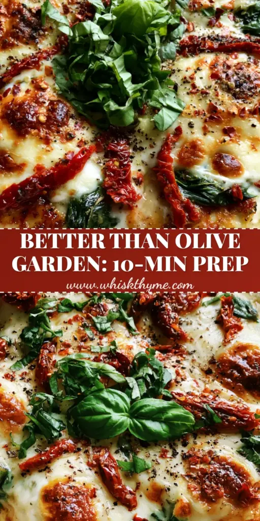 A rustic white ceramic dish featuring Baked Tuscan Chicken Casserole with golden-brown toasted mozzarella, red sun-dried tomatoes, and fresh basil.