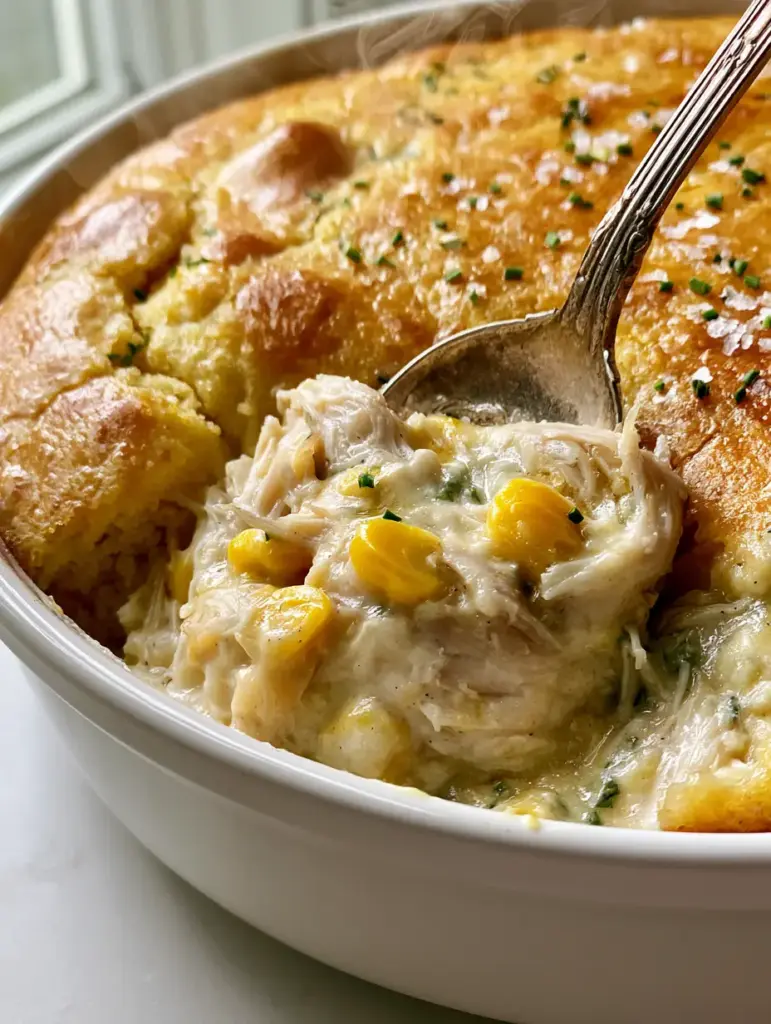 Creamy Chicken and Cornbread Casserole with Honey Butter Glaze 1 A bubbling interior of shredded chicken and yellow corn under a thick cornbread layer. (Creamy Chicken and Cornbread Casserole)
