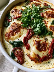 Close up of Baked Tuscan Chicken Casserole showing velvety cream sauce with parmesan grains and wilted baby spinach.