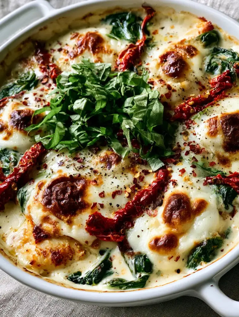 High angle shot of Baked Tuscan Chicken Casserole with toasted mozzarella cheese spots and fresh basil chiffonade garnish.