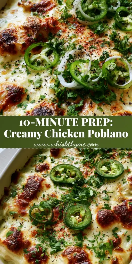 Chicken Poblano Casserole with Roasted Cream Sauce 4 A creamy chicken poblano casserole in a white dish topped with bubbly charred Monterey Jack cheese and raw poblano rings.