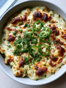 Close up of shredded chicken in a green poblano cream sauce with charred cheese spots. (chicken poblano casserole)