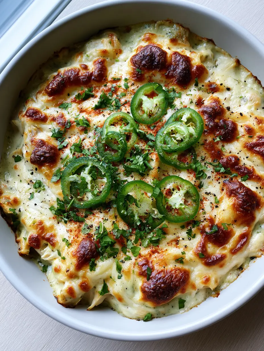 Chicken Poblano Casserole with Roasted Cream Sauce 3 Close up of shredded chicken in a green poblano cream sauce with charred cheese spots. (chicken poblano casserole)