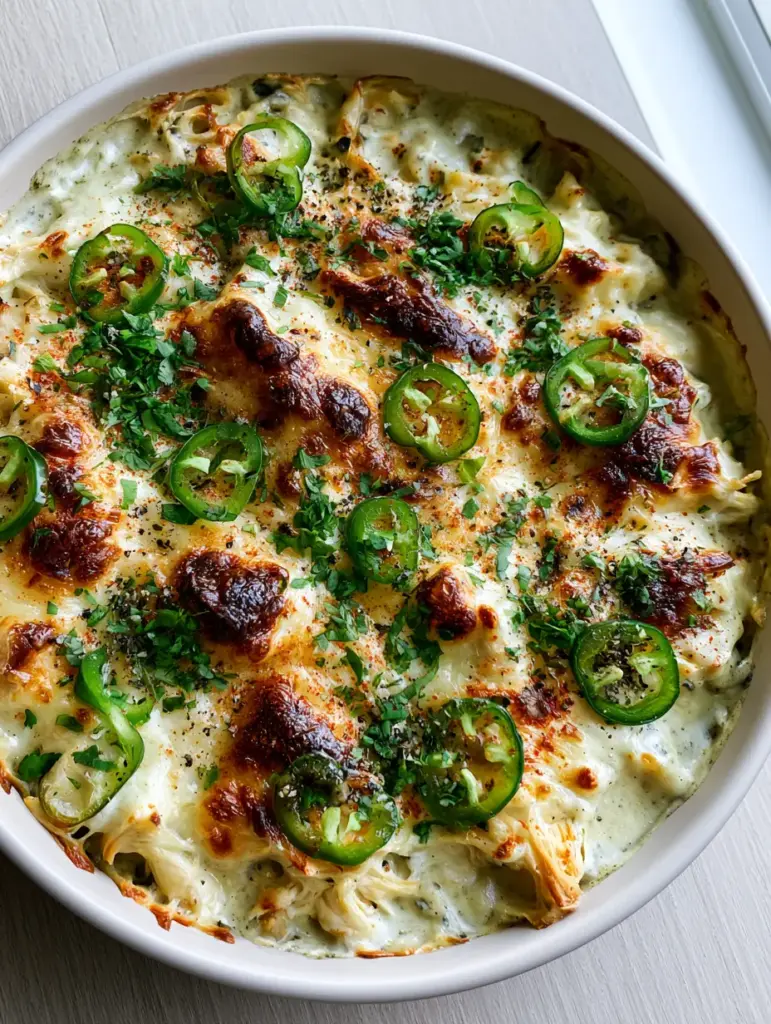 Chicken Poblano Casserole with Roasted Cream Sauce 1 Top down shot of chicken poblano casserole showing cilantro and smoked paprika garnishes.