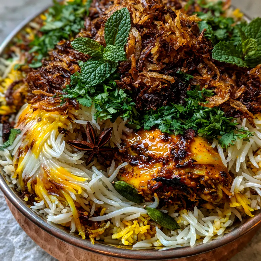 Hyderabadi Biryani: The Ultimate Guide to Authentic Chicken Dum Biryani 2 Detailed view of fluffy long-grain basmati rice with dark orange masala chicken drumsticks and star anise. (Hyderabadi Biryani)