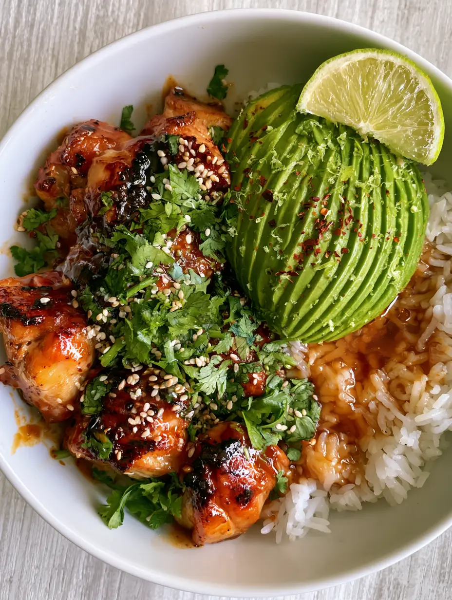Close up shot of succulent seared chicken thigh pieces in a glossy honey-lime glaze with charred edges. (Honey Lime Chicken Avocado Recipe)