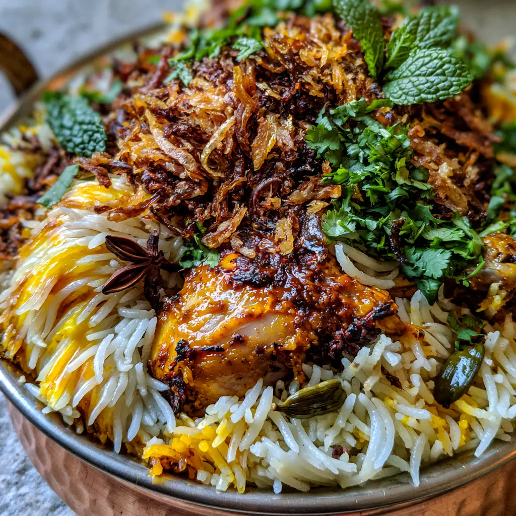 Hyderabadi Biryani: The Ultimate Guide to Authentic Chicken Dum Biryani 1 Traditional copper handi filled with Hyderabadi Biryani garnished with golden fried onions, cilantro, and mint.