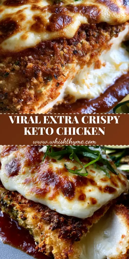 Baked Parmesan Chicken with a Golden Crispy Crust 4 A tall Pinterest pin showing Baked Parmesan Chicken with a crispy crust, melted mozzarella with brown spots, and fresh basil over zucchini ribbons.