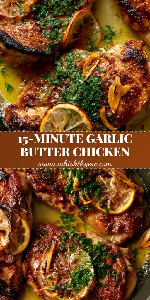 Lemon Garlic Chicken with Crispy Charred Skin and Garlic Butter 3 Top-down macro shot of three seared Lemon Garlic Chicken breasts in a cast iron skillet with caramelized lemons and parsley.