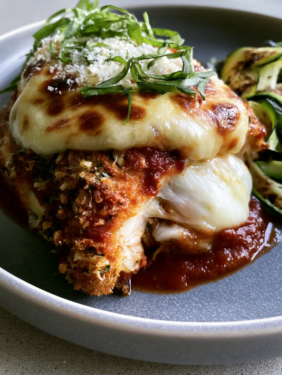 Baked Parmesan Chicken with a Golden Crispy Crust 3 Extreme close-up of juicy Baked Parmesan Chicken revealing steaming white meat and a thick golden-brown parmesan crust.