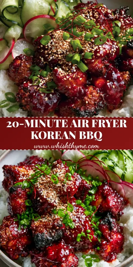 Korean BBQ Chicken Bowls with Charred Gochujang Glaze 4 A close-up vertical shot of Korean BBQ Chicken Bowls featuring air-fried charred chicken thighs in a glossy red gochujang glaze over steamed jasmine rice with cucumber ribbons and chili threads.