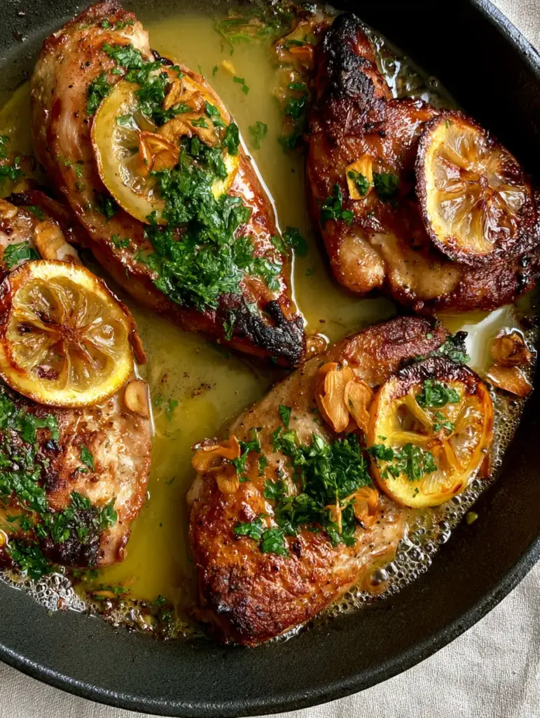 Lemon Garlic Chicken with Crispy Charred Skin and Garlic Butter 2 Extreme top-down macro shot of Lemon Garlic Chicken breasts with a deep crust and bubbly butter sauce in a matte skillet.