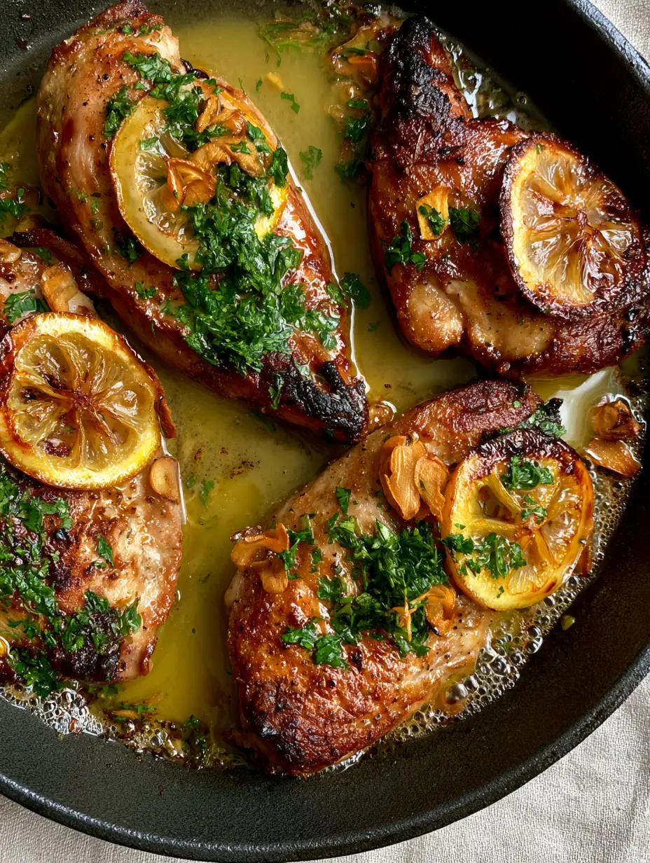 Lemon Garlic Chicken with Crispy Charred Skin and Garlic Butter 4 Extreme top-down macro shot of Lemon Garlic Chicken breasts with a deep crust and bubbly butter sauce in a matte skillet.