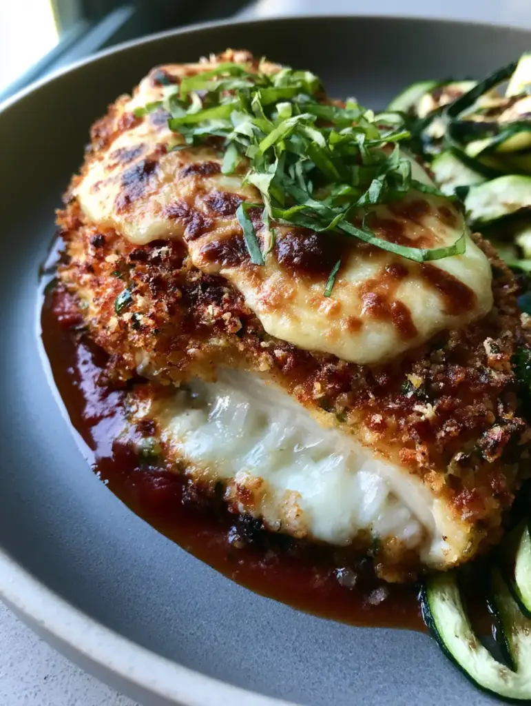 Baked Parmesan Chicken with a Golden Crispy Crust 1 A matte grey plate featuring Baked Parmesan Chicken with bubbling mozzarella, toasted cheese spots, and charred zucchini ribbons.