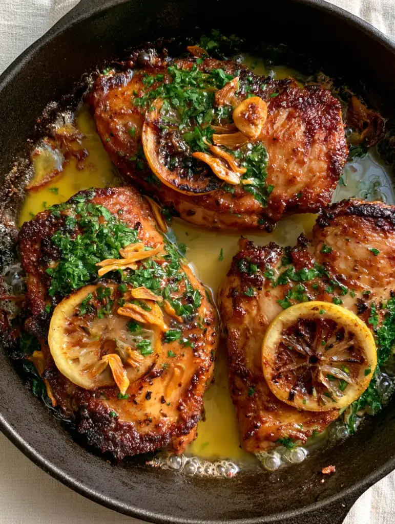 Lemon Garlic Chicken with Crispy Charred Skin and Garlic Butter 1 Close up of caramelized lemon slices and toasted garlic slivers atop a seared chicken breast. (Lemon Garlic Chicken)