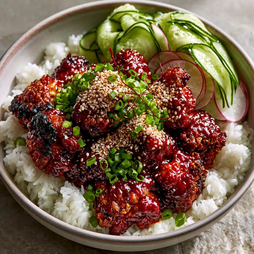 Korean BBQ Chicken Bowls with Charred Gochujang Glaze 2 Top-down view of a modern ceramic bowl containing charred gochujang chicken chunks, chilled cucumber ribbons, and jasmine rice. (Korean BBQ Chicken Bowls)