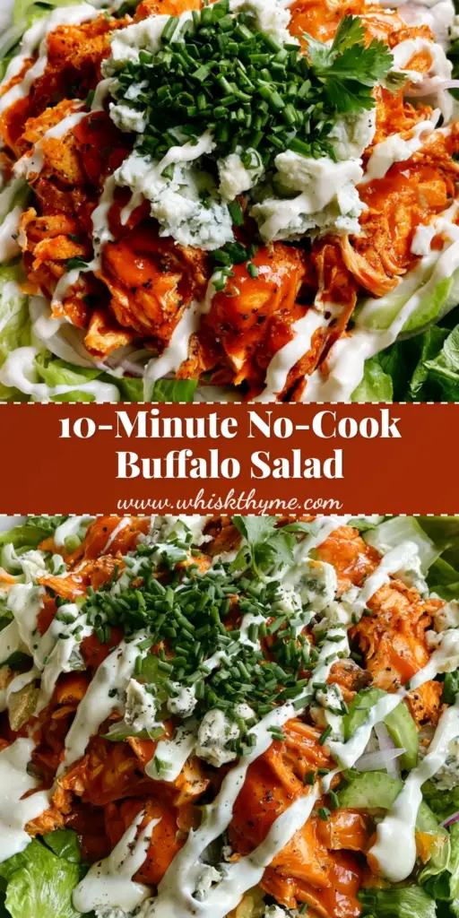 A large white bowl of Buffalo Chicken Salad with shredded orange chicken, blue cheese, and ranch drizzle. (Buffalo Chicken Salad)