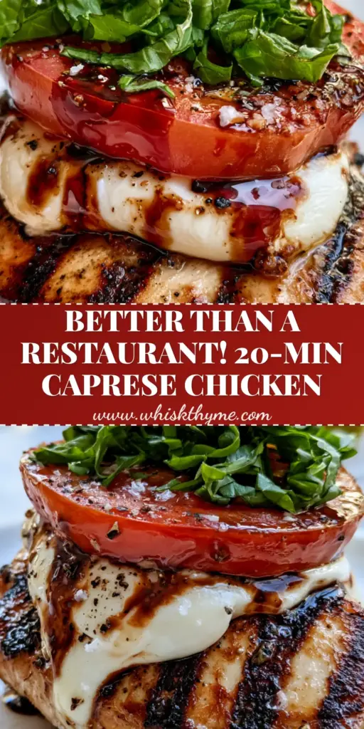 A vertical shot of Grilled Chicken Caprese with deep grill marks and melted mozzarella, perfect for Pinterest.