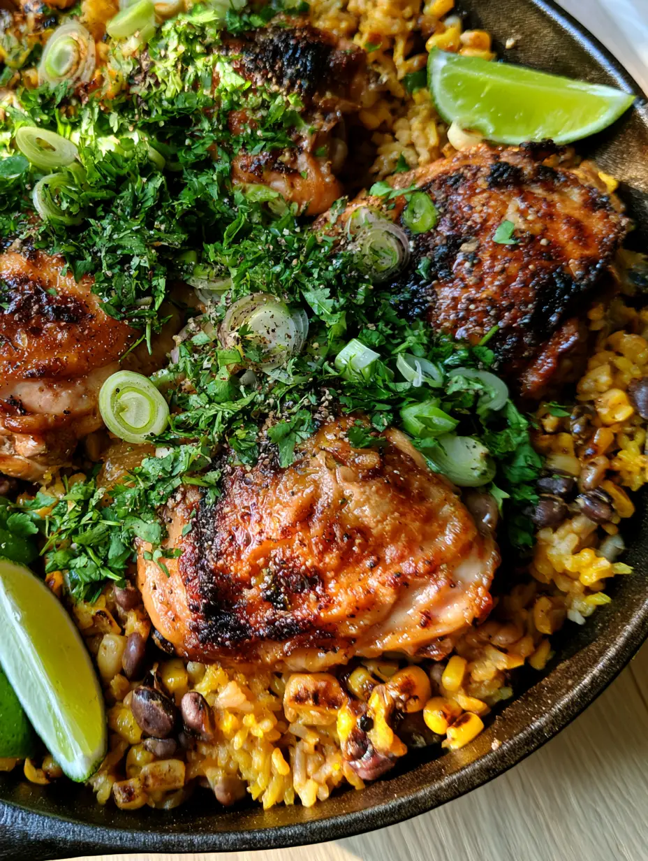 Extreme close-up of crispy seared chicken skin on a bed of turmeric yellow rice and black beans. (Chicken Yellow Rice Black Beans)