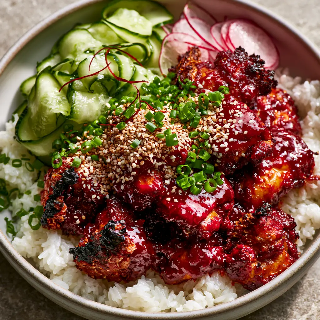 Korean BBQ Chicken Bowls with Charred Gochujang Glaze 1 A vibrant Korean BBQ Chicken Bowl garnished with sesame seeds, green scallions, and thin red chili threads on a stone countertop.