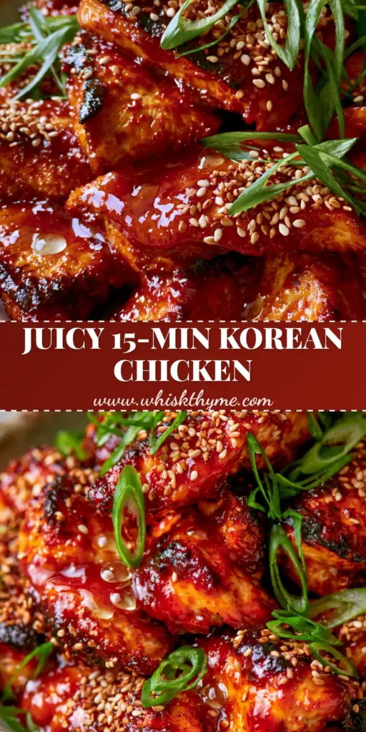 Slices of seared Korean chicken breast piled in a bowl, drenched in a thick glossy red gochujang glaze with green scallions.