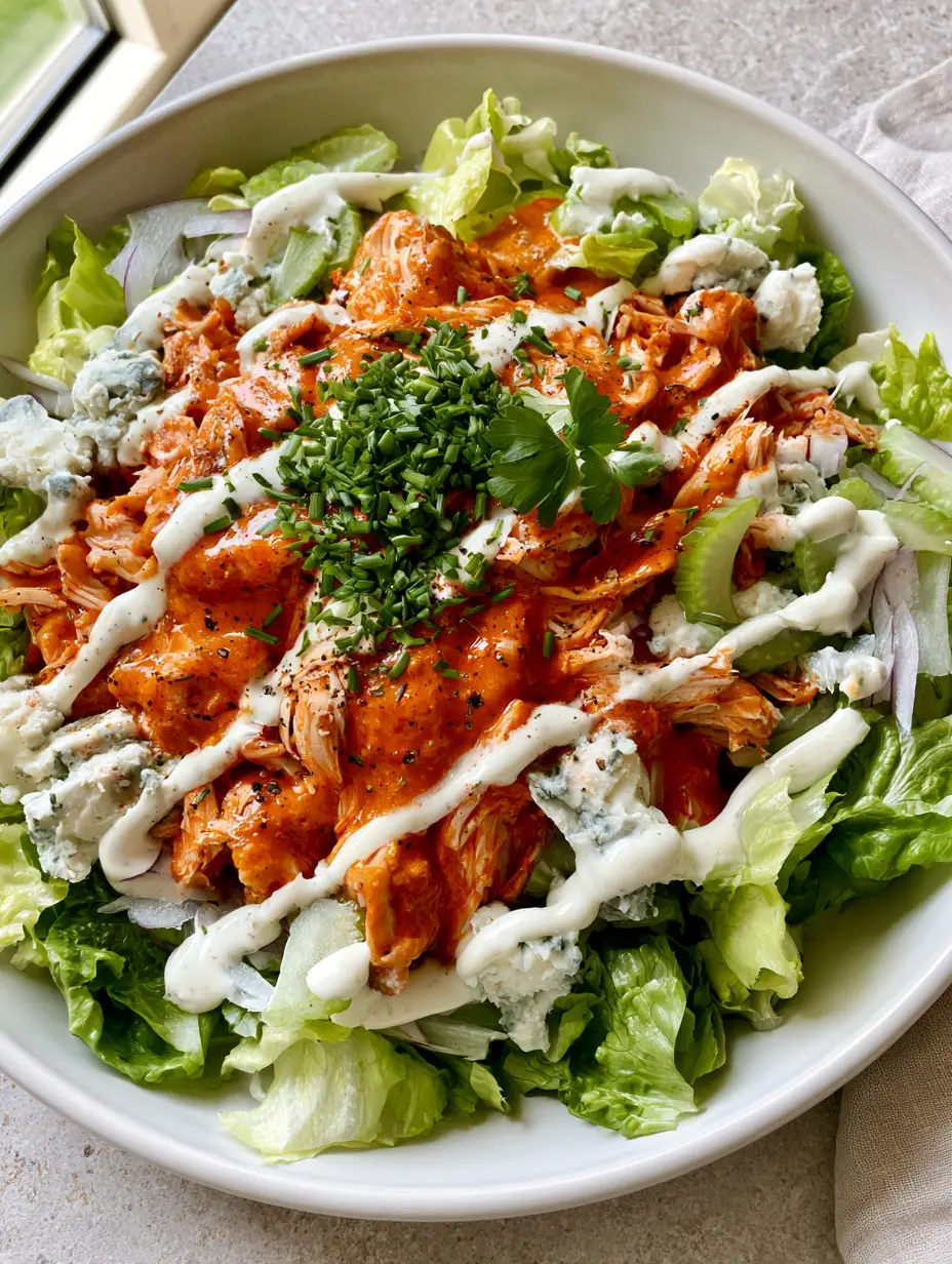 Top-down view of a vibrant Buffalo Chicken Salad in a white ceramic bowl. (Buffalo Chicken Salad)