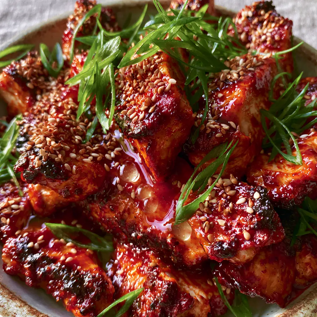 Close up of caramelized Korean chicken breast pieces with sesame seeds and scallions in a rustic ceramic bowl.