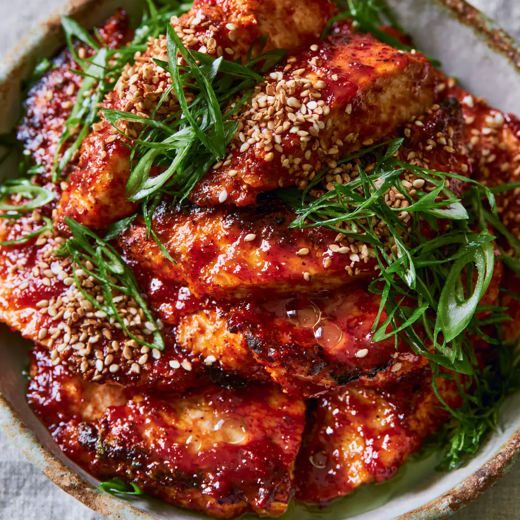High specular highlights on the glossy red sauce of Korean chicken breast slices.
