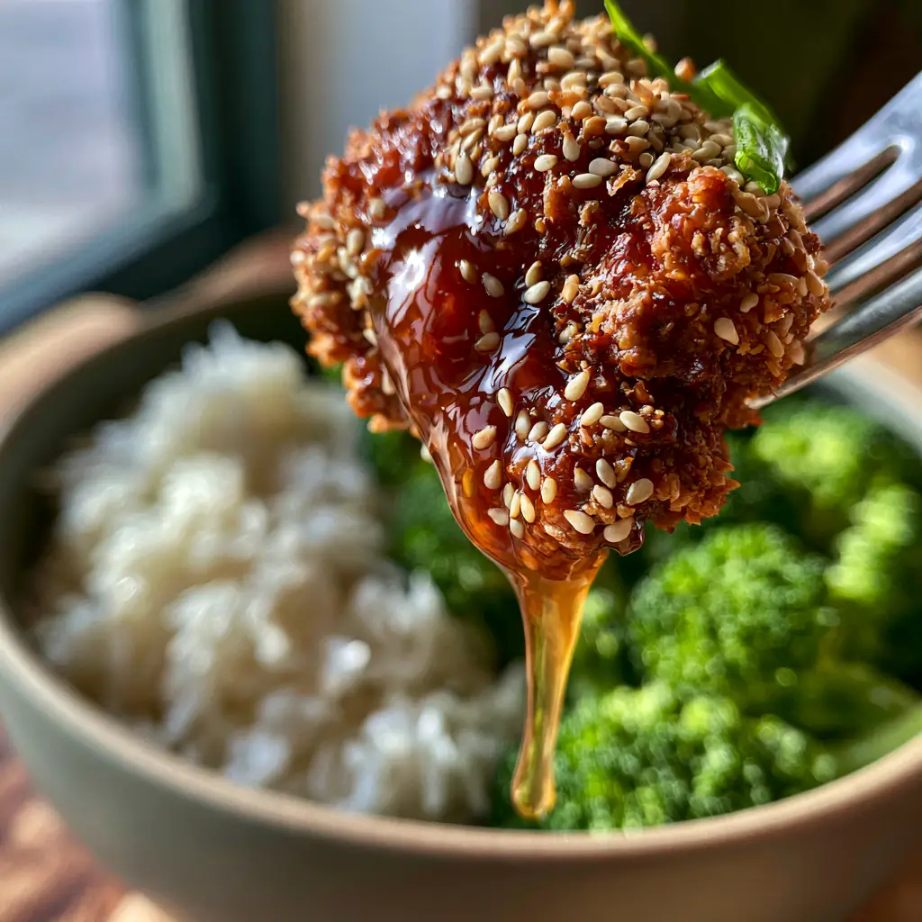 Extreme close-up of Sesame chicken pieces encrusted with toasted white sesame seeds and green scallions.