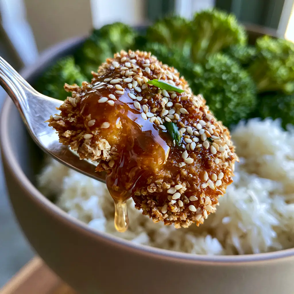 Sesame Chicken: The Ultimate Crispy Air-Fried Recipe 1 A modern ceramic bowl filled with golden-brown Sesame chicken, steamed bright green broccoli, and fluffy jasmine rice.