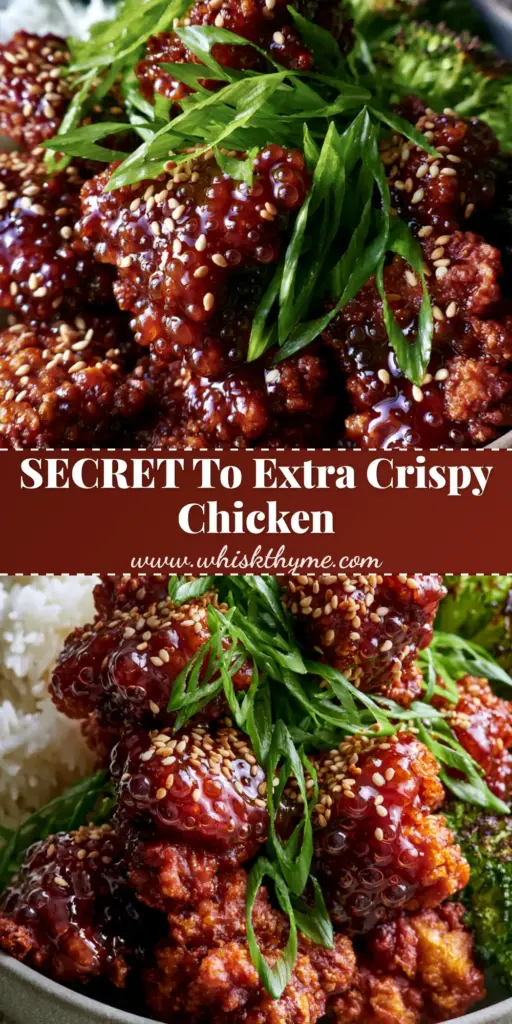 A tall Pinterest pin showing a close-up of Crispy Sesame Chicken with a glistening glaze, toasted sesame seeds, and charred broccoli.